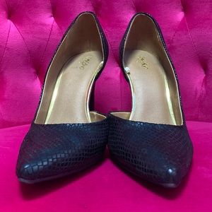 Black faux snake skin heels